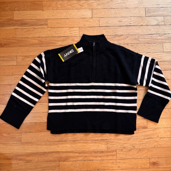 DKNY Womens Striped Quarter Zip Sweater Black White Mock Neck Medium NWT - Picture 2 of 7